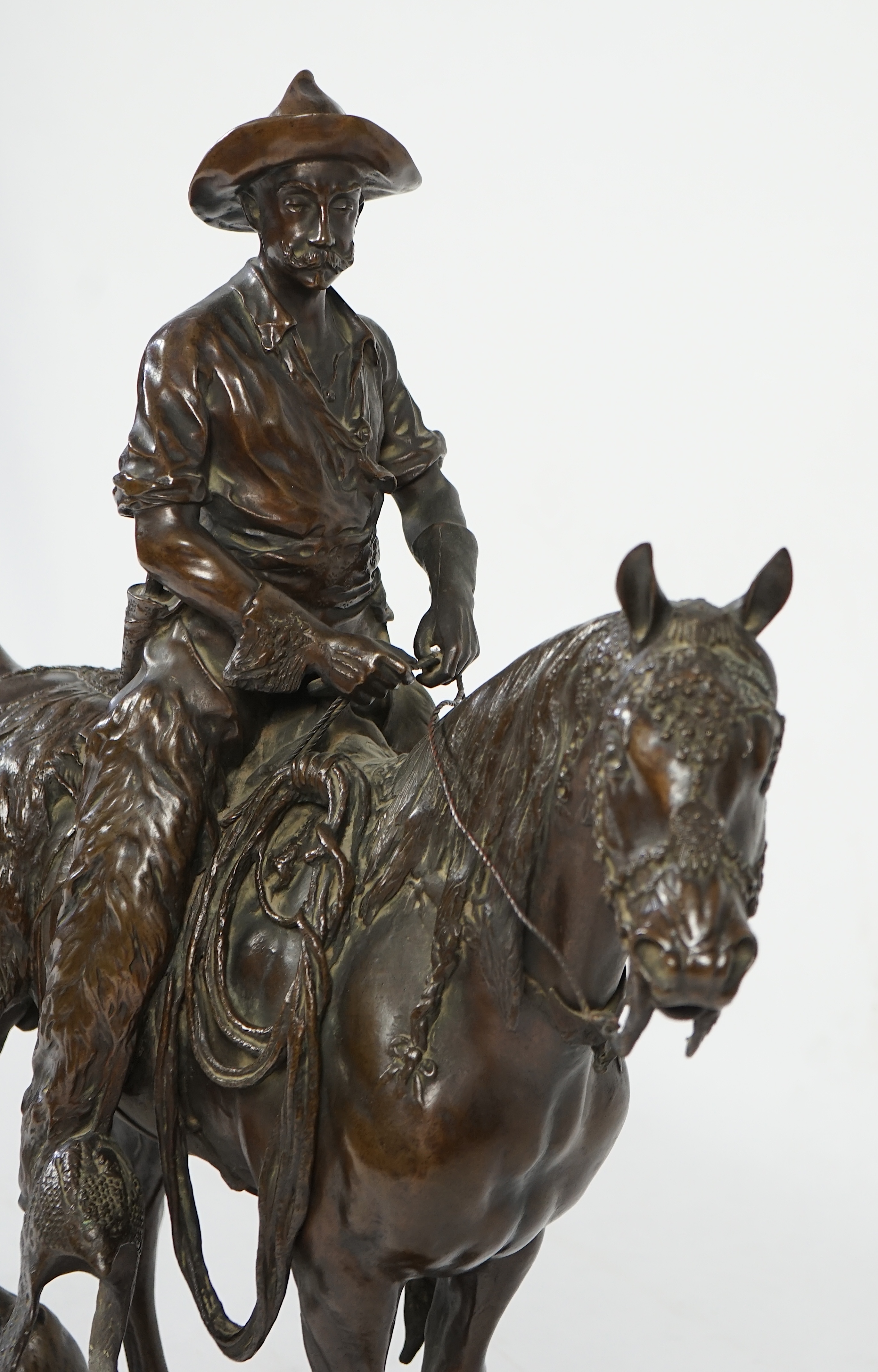 Walter Winans (St. Petersburg, 1852-Parsloe Park, Essex, 1920), a cast bronze of the artist, as a cowboy, riding the Arab stallion Skowronek, 50cm wide, 66cm high, overall 79.5cm high